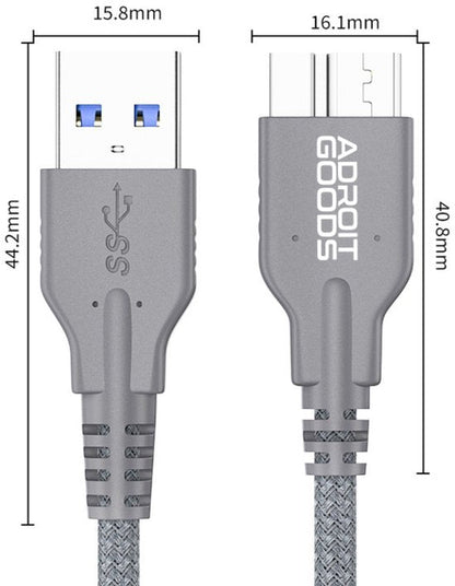 grijze Adroit Goods USB-kabel met gevlochten kabel en precieze afmetingen zichtbaar