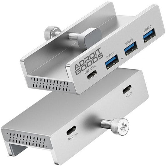 Adapter met drie USB 3.0 poorten en een USB-C aansluiting in metalen behuizing