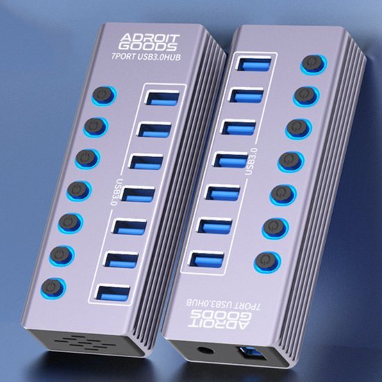 Twee grijze 7-poorts USB 3.0-hubs met afzonderlijke aan/uit-knoppen op blauwe achtergrond