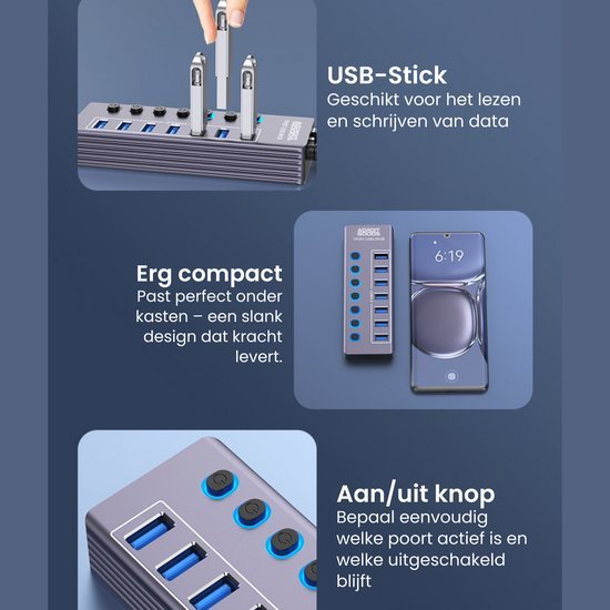 USB-hub met meerdere poorten, compact ontwerp en aan/uit-knoppen voor individuele controle
