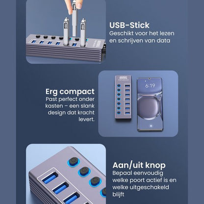 USB-hub met meerdere poorten, compact ontwerp en aan/uit-knoppen voor individuele controle