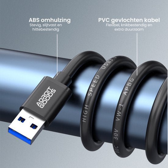 Zwarte USB-kabel met stevige ABS omhulling en flexibele, duurzame PVC kabelmantel