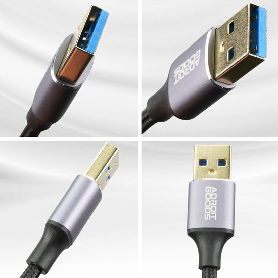 USB 3.0 kabel met blauwe aansluiting en zilverkleurige behuizing van AdroitGoods