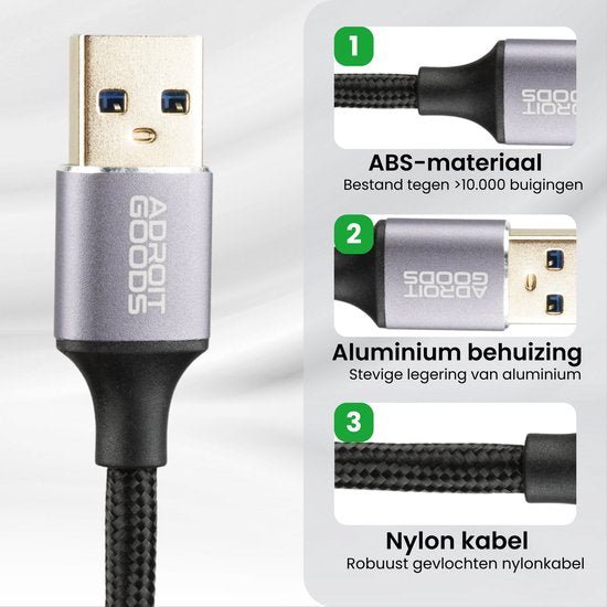 USB-kabel met ABS-materiaal, aluminium behuizing en robuuste gevlochten nylon kabel