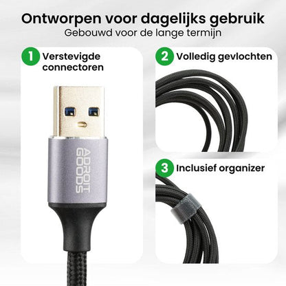 USB-kabel met verstevigde connector, volledig gevlochten en inclusief organizer voor dagelijks gebruik