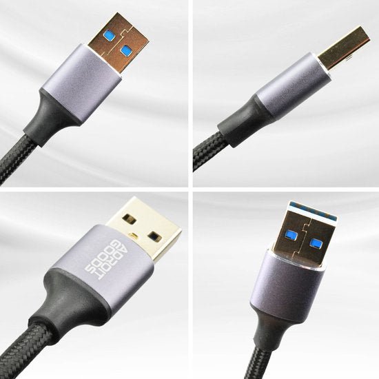 Detailfoto's van een duurzame USB-kabel met metalen behuizing en gevlochten kabelmantel