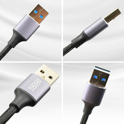Detailfoto's van een duurzame USB-kabel met metalen behuizing en gevlochten kabelmantel