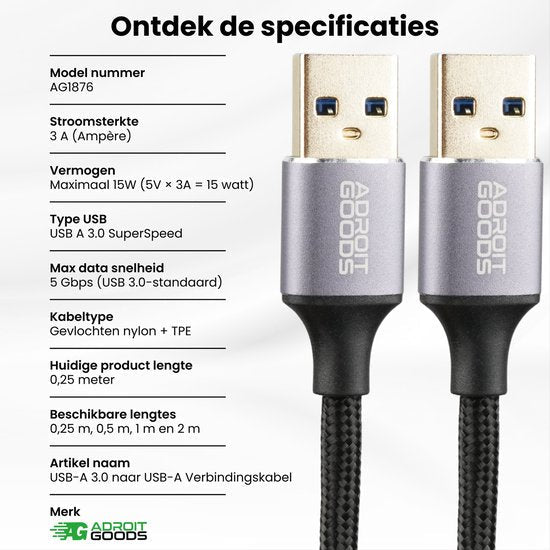 Twee grijze USB 3.0 A kabels met gevlochten nylon en TPE omhulsel naast specificatielijst.
