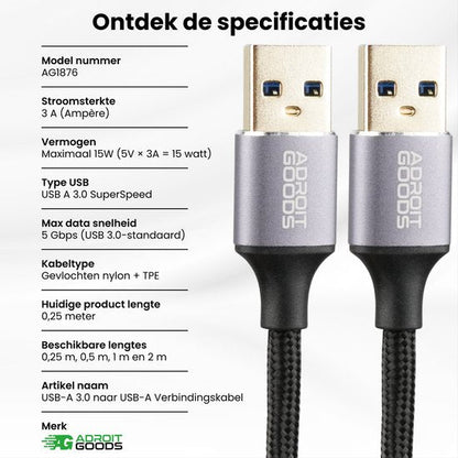 Twee grijze USB 3.0 A kabels met gevlochten nylon en TPE omhulsel naast specificatielijst.