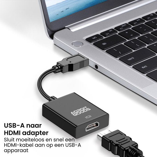 USB-A naar HDMI adapter aangesloten op een laptop met zwarte kabel en stekker.