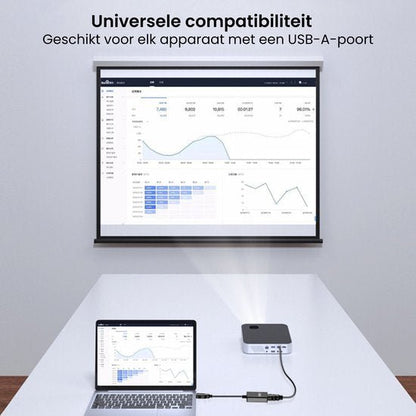 Laptopscherm en projectiescherm tonen grafieken verbonden met een kleine elektronische adapter