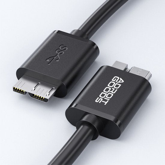 Zwarte AdroitGoods kabel met unieke dubbele connector en USB-symbool op de stekker