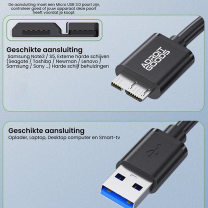 Zwarte AdroitGoods USB 3.0 kabel met micro USB aansluiting voor diverse apparaten