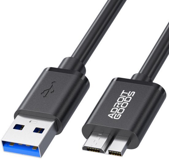 Zwart USB-kabel met standaard USB-A en micro-USB connectoren van AdroitGoods.