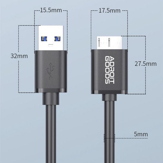 Zwarte kabel met USB-A en 30-pins connector en afmetingen voor lengte en breedte zichtbaar.