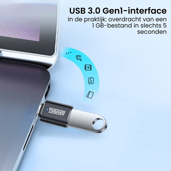 USB-stick aangesloten op laptop met snelle gegevensoverdracht en AdroitGoods logo zichtbaar