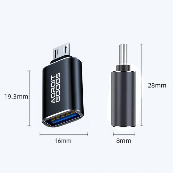 Zwarte compacte USB-adapter met micro-USB en metalen connector, afmetingen weergegeven.