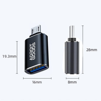 Zwarte compacte USB-adapter met micro-USB en metalen connector, afmetingen weergegeven.