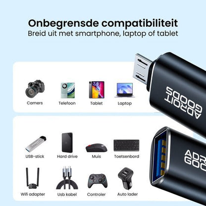 Zwarte AdroitGoods adapter met USB-poort en micro-USB aansluiting voor diverse apparaten