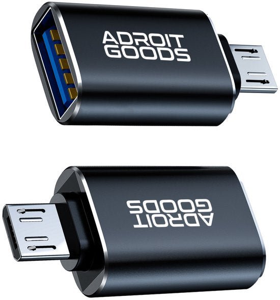 Zwarte USB-adapter met micro-USB en standaard USB-poort en wit logo Adroit Goods van metaal