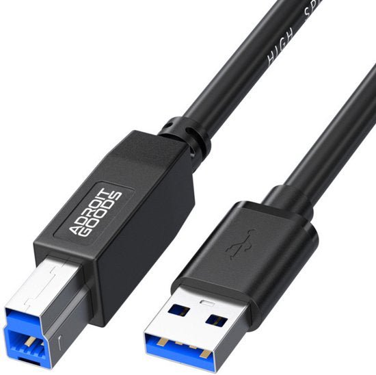 Zwarte USB-kabel met USB-A en USB-B aansluitingen voor snelle gegevensoverdracht