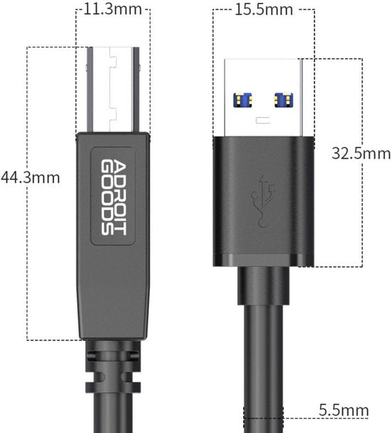 Zwarte USB-kabel met gedetailleerde afmetingen van connectoren en merklogo Adroit Goods zichtbaar.