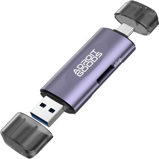 paars metalen usb-stick met doppen en een micro sd-kaartlezer aan de zijkant