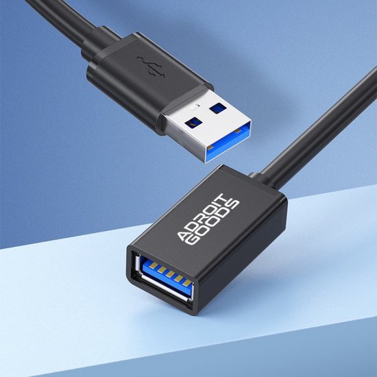 Zwarte USB verlengkabel met blauwe binnenkant en AdroitGoods logo op connector.