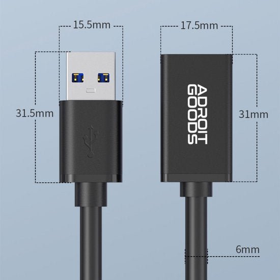 USB-kabel met AdroitGoods logo en afmetingen in millimeters weergegeven voor connectoren