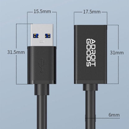 USB-kabel met AdroitGoods logo en afmetingen in millimeters weergegeven voor connectoren