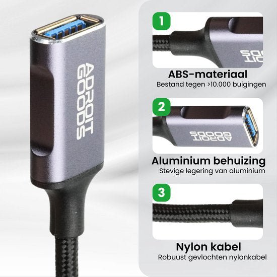 Zwarte USB-adapter met aluminium behuizing en robuuste gevlochten nylonkabel van AdroitGoods