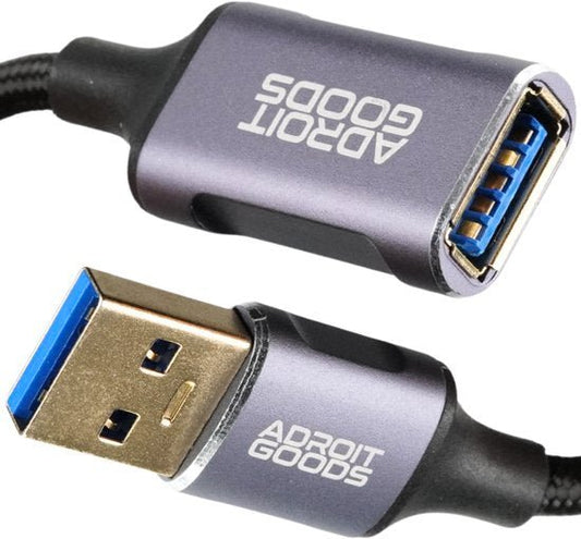 USB 3.0 verlengkabel met metalen behuizing en gevlochten kabel in grijze kleur