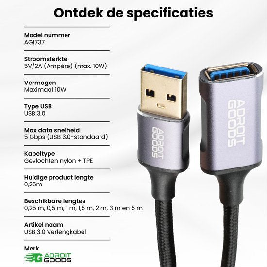 Close-up van een USB 3.0 verlengkabel met nylon kabel en metalen connectoren in grijs.