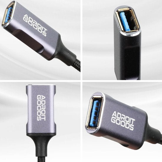 close-up van AdroitGoods USB verlengkabel met metalen behuizing en blauwe connectoren