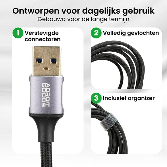 Zwart gevlochten kabel met versterkte connectoren en een organizer voor dagelijkse duurzaamheid.