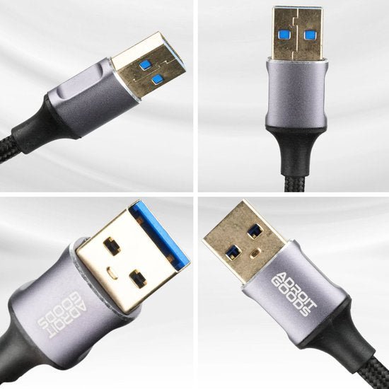 USB-kabel met metalen connector en gevlochten kabel, close-up details zichtbaar uit verschillende hoeken