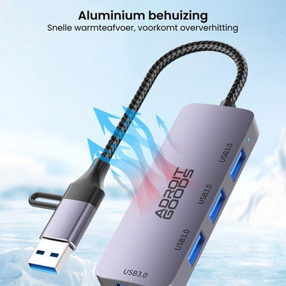 Grijze aluminium USB 3.0 hub met drie poorten en gevlochten kabel voor warmteafvoer