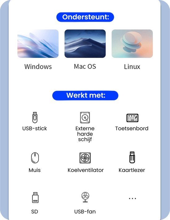 Compatibel met Windows, Mac OS, Linux en werkt met diverse USB-apparaten en randapparatuur.