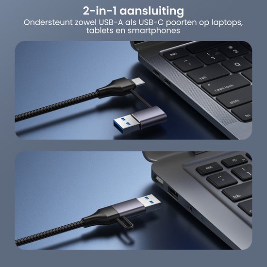 Zwarte kabel met 2-in-1 USB-A en USB-C aansluiting verbonden met laptoppoorten.