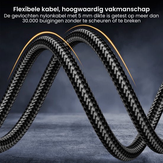 Flexibele zwarte gevlochten nylonkabel van 5 mm, bestand tegen meer dan 30.000 buigingen zonder breuk.