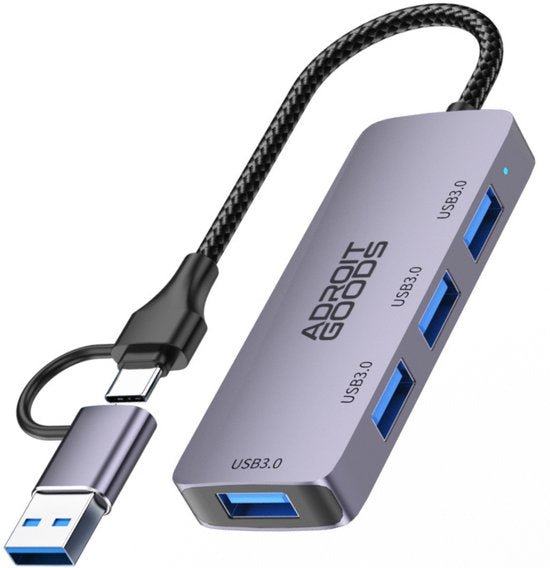 Zilverkleurige USB 3.0 hub met drie poorten en een extra USB-C naar USB-adapter kabel