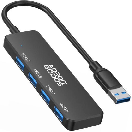 zwarte usb 3.0 hub met vier poorten en aansluitkabel voor extra apparaten