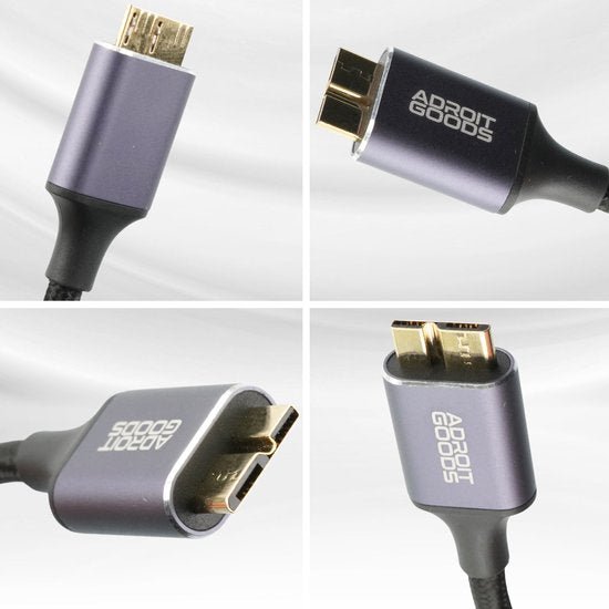 close-up van een robuuste paarsgrijze kabelconnector met gouden contacten van Adroit Goods