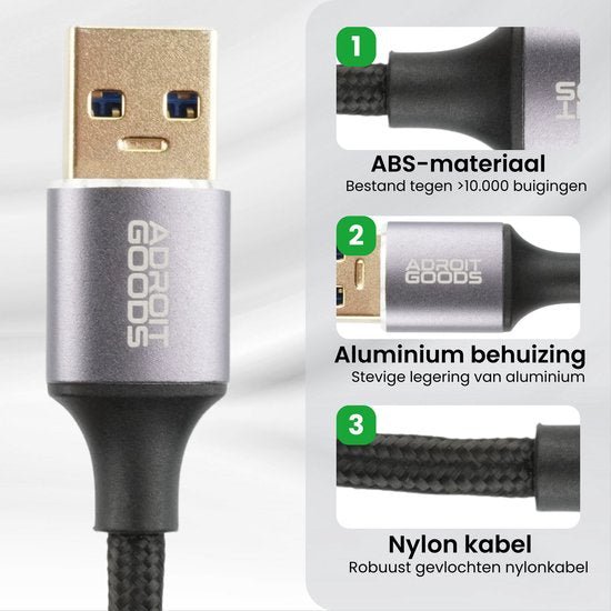 USB kabel met aluminium behuizing, ABS materiaal en gevlochten nylon kabel voor duurzaamheid