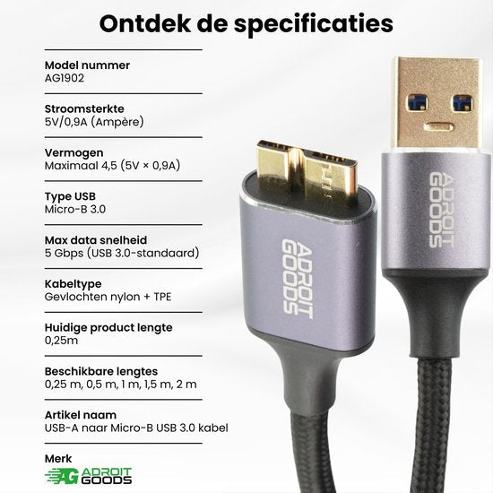 Close-up van grijze USB-A naar Micro-B USB-kabel met gevlochten nylon omhulsel en gouden connectoren