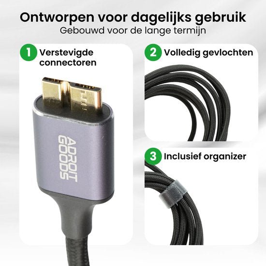 Close-up van zwarte gevlochten kabel met versterkte connector en organizer bandje