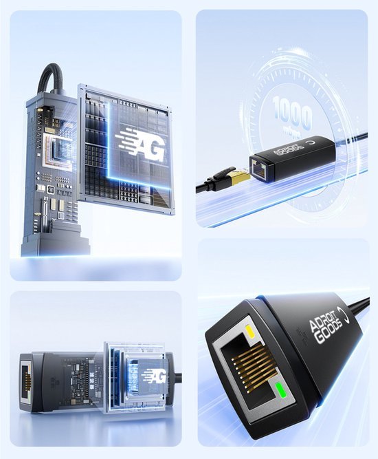 Dichtbij beelden van geavanceerde netwerkkaarten en zwarte AdroitGoods ethernetadapter met kabel.