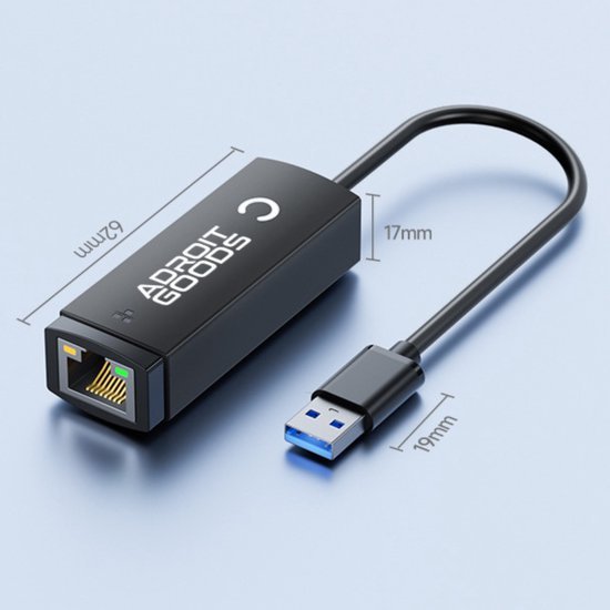 Zwarte USB-adapter met ethernetpoort en kabel met Afmetingen duidelijk weergegeven