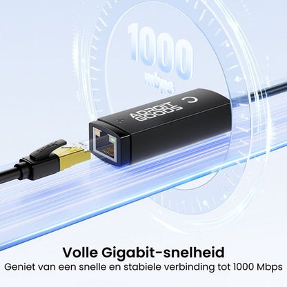Zwarte netwerkadapter met Adroit Goods logo, verbonden met kabel, snelheid tot 1000 Mbps zichtbaar