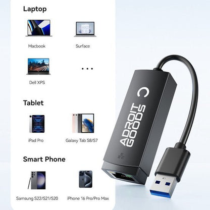 Zwarte USB 3.0 adapter met ethernetpoort en kabel voor laptops, tablets en smartphones